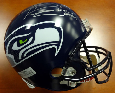 Russell Wilson Autographed Seattle Seahawks Super Bowl Full Size Helmet "SB XLVIII Champs" In Silver RW Holo Stock #72351