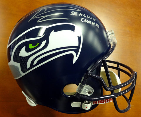 Russell Wilson Autographed Seattle Seahawks Full Size Helmet "SB XLVIII Champs" In Silver RW Holo Stock #72373