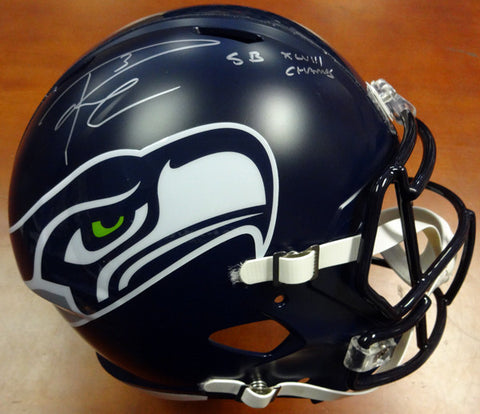 Russell Wilson Autographed Seattle Seahawks Speed Full Size Helmet "SB XLVIII Champs" In Silver RW Holo Stock #94268