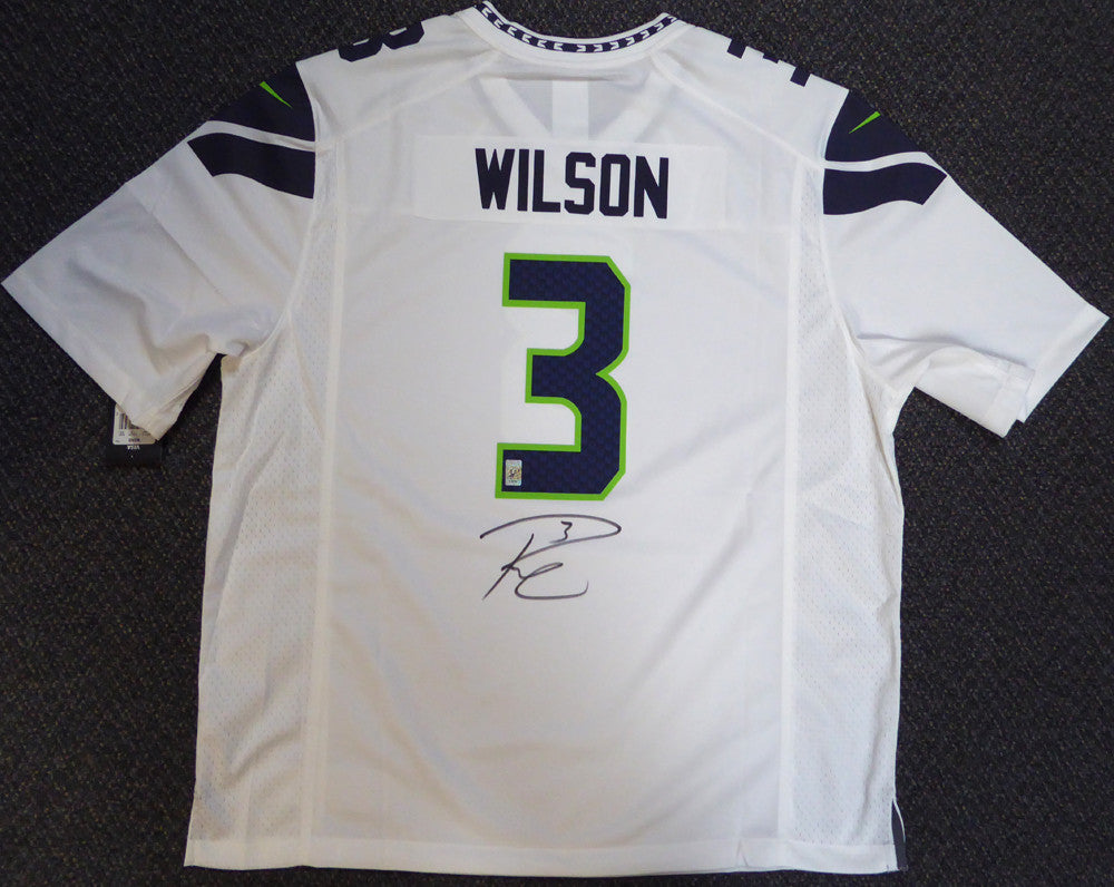 Signed Russell Wilson Jersey - Blue Nike Elite Size 44 RW Holo Stock #88310