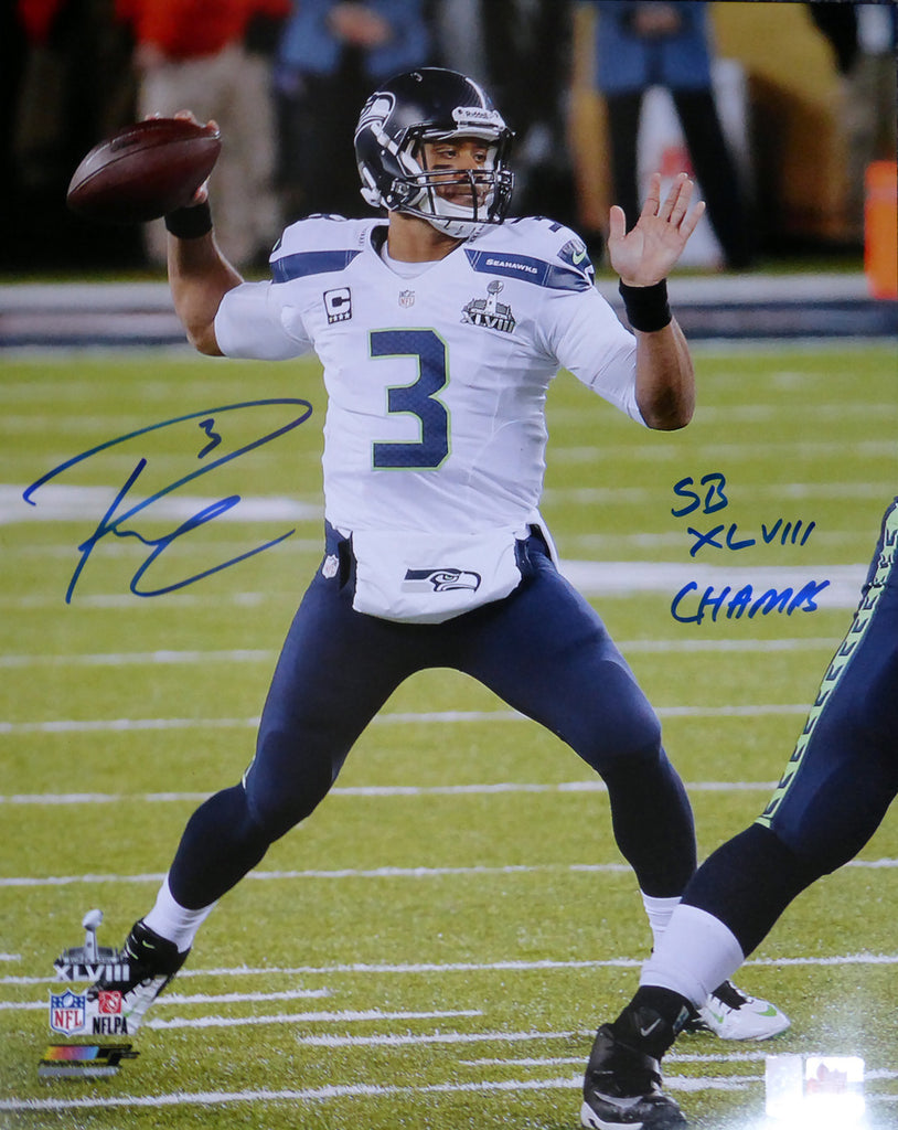 Russell Wilson Autographed 16x20 Photo Seattle Seahawks Super Bowl "SB XLVIII Champs" RW Holo Stock #105130
