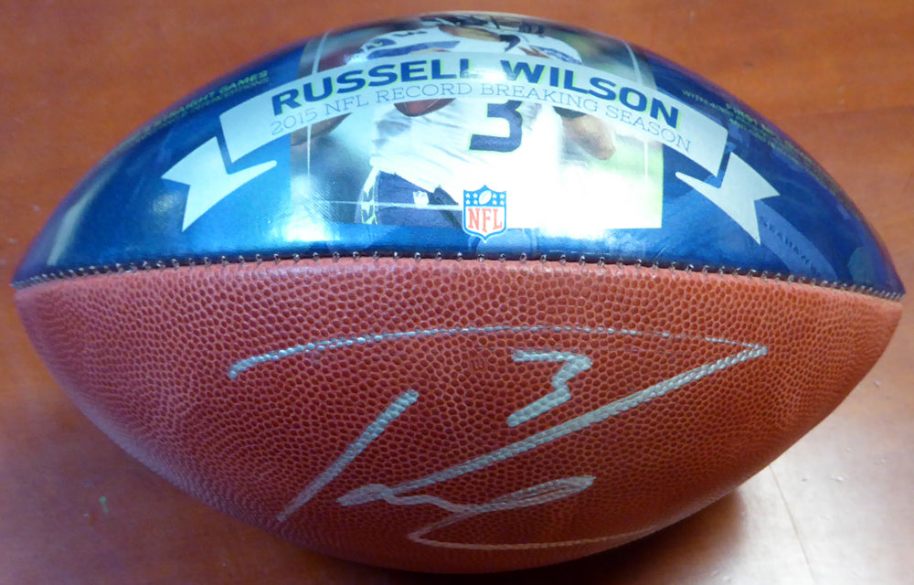 Russell Wilson Autographed 2015 Record Breaking Season Leather Football Seattle Seahawks RW Holo Stock #107493