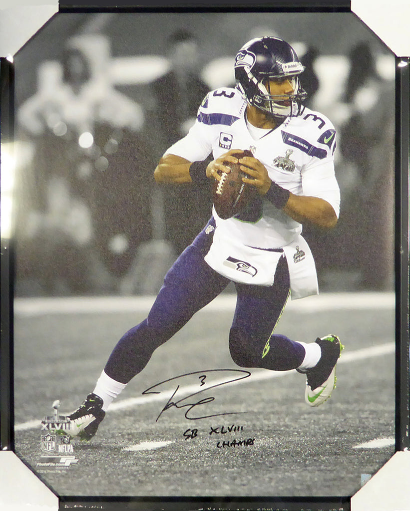 Russell Wilson Autographed Framed 24x30 Canvas Photo Seattle Seahawks "SB XLVIII Champs" Super Bowl RW Holo Stock #107484