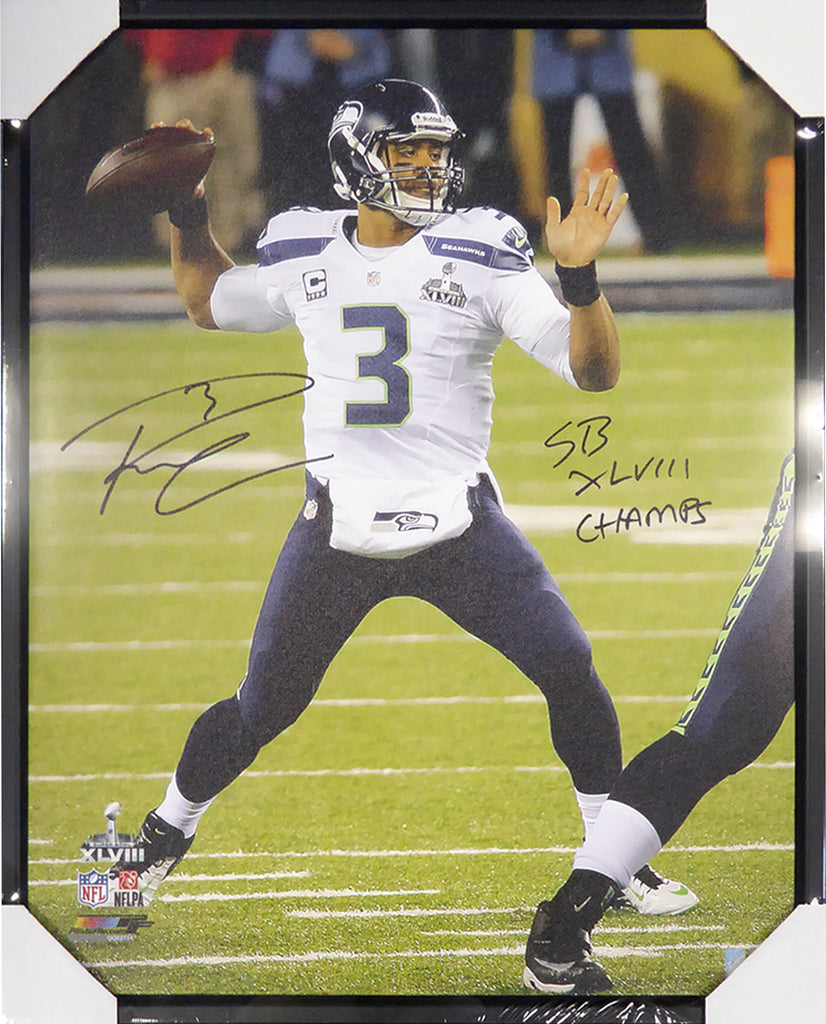 Russell Wilson Autographed Framed 24x30 Canvas Photo Seattle Seahawks "SB XLVIII Champs" Super Bowl RW Holo Stock #107486