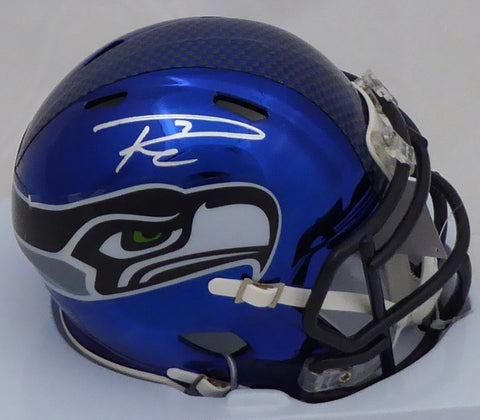 Russell Wilson Autographed Seattle Seahawks Blue Chrome Speed Mini Helmet In Silver RW Holo Stock #145842