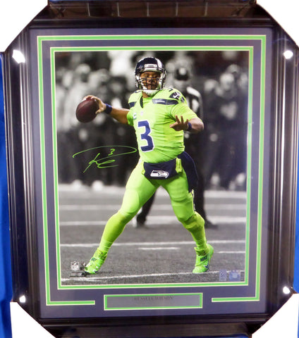 Russell Wilson Autographed Framed 16x20 Photo Seattle Seahawks Action Green Color Rush RW Holo Stock #126674