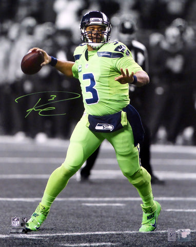 Russell Wilson Autographed 16x20 Photo Seattle Seahawks Action Green Color Rush RW Holo Stock #123810